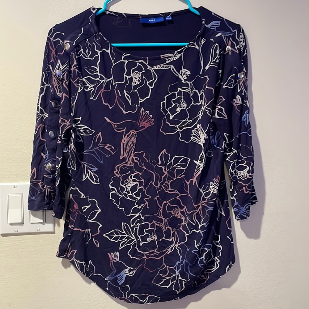 Purple Apt. 9 floral bird top 3/4 sleeves